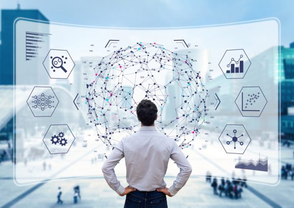 Big data analytics visualization technology with scientist analyzing information structure on screen with machine learning to extract strategical prediction for business, finance, internet of things